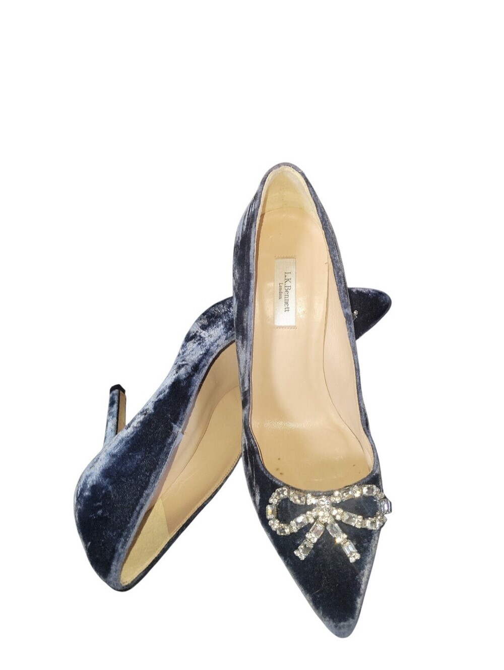 L.K. Bennett London Fern Powder Blue Velvet Pointed Pumps Crystal Bow Detail 40 - Picture 3 of 9